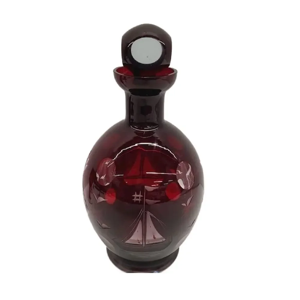 Mid Century Bohemia Cut to Clear Ruby Red Stemmed Cordial Decanter Set